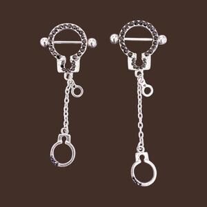 Novelty Handcuff Dangle Nipple Rings with Black Rhinestones